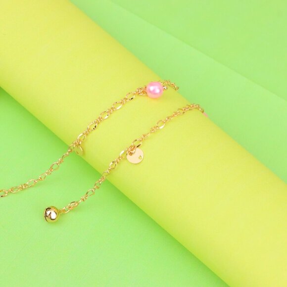 "Rose Gold Anklet with Pink Beads & Flower Charm, XPAL1168 - Picture 2 of 12